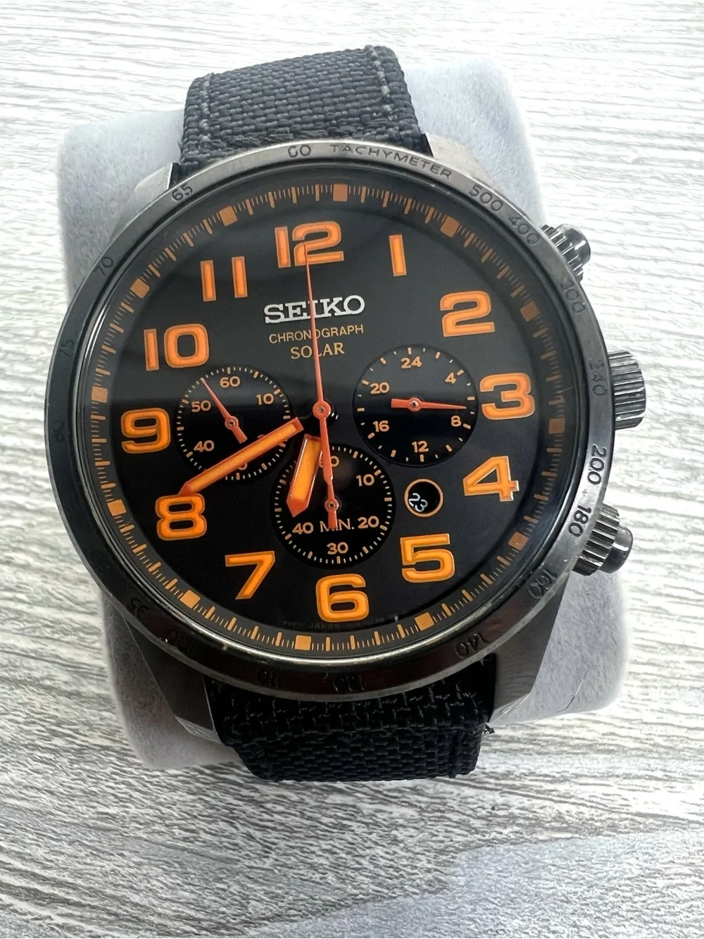 Seiko Black Dial Chronograph Watch with Orange Accents